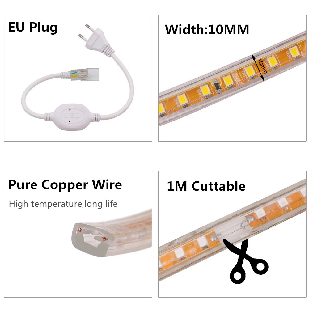 LEDストリップライト,調光可能,220ダイオード,白,赤,緑,120 V AC,防水,家庭用装飾用リボンライト,2835ダイオード/m