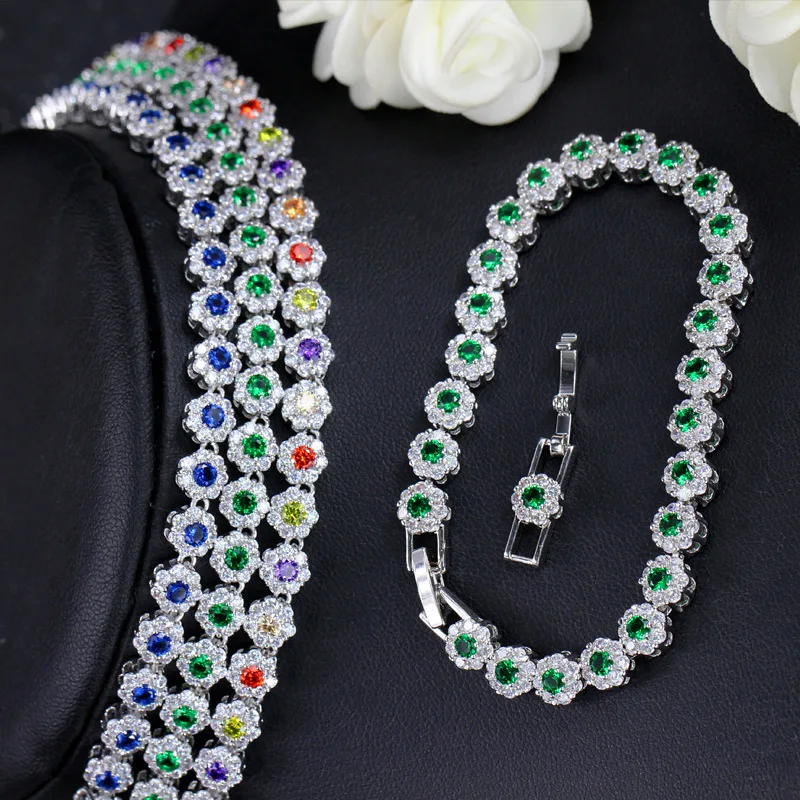 CWWZircons 3 Pcs CZ Green Crystal Bracelet Necklace and Earrings Sets Luxury Women Wedding Accessories Bride Jewelry Set T030