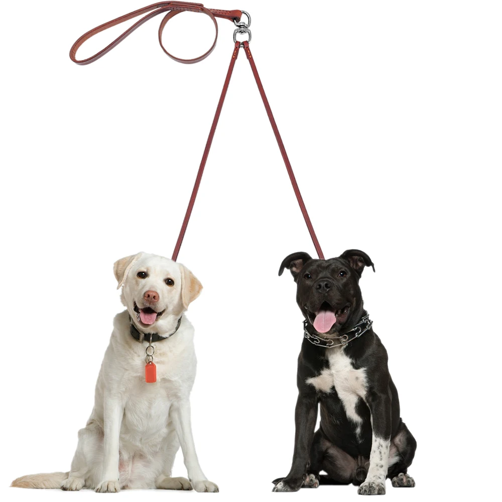 2 Way Real Leather Coupler Dog Walking Leash Dual No Tangle Lead For 2 Dogs Good For Small Medium Breeds Brown