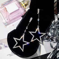 New Shiny Temperament Five-pointed Star Rhinestone Crystal Earrings Personality Wild Long Star Pendant Exaggerated Big Earrings