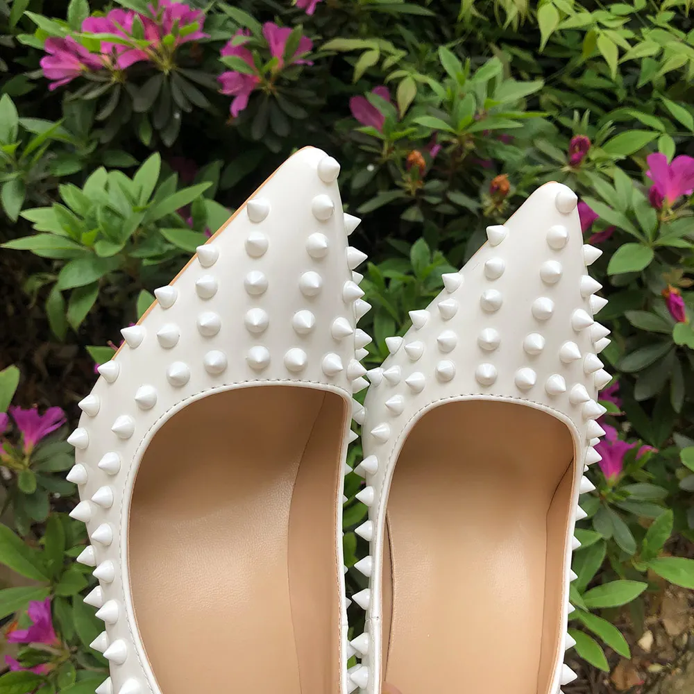 Veowalk White Spikes Women Pointed Toe Stilettos Sexy High Heels Rivets Ladies Slip-on Pumps Night Club Shoes 12/10/8cm Optional