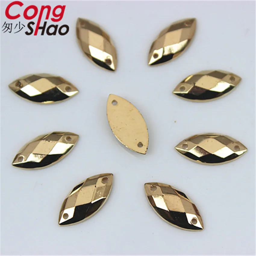 Cong Shao 300 Pz 7*15mm Colore Oro Occhio di Cavallo flatback Acrilico Strass pietre e cristalli cucito 2 Fori costume Pulsante CS225