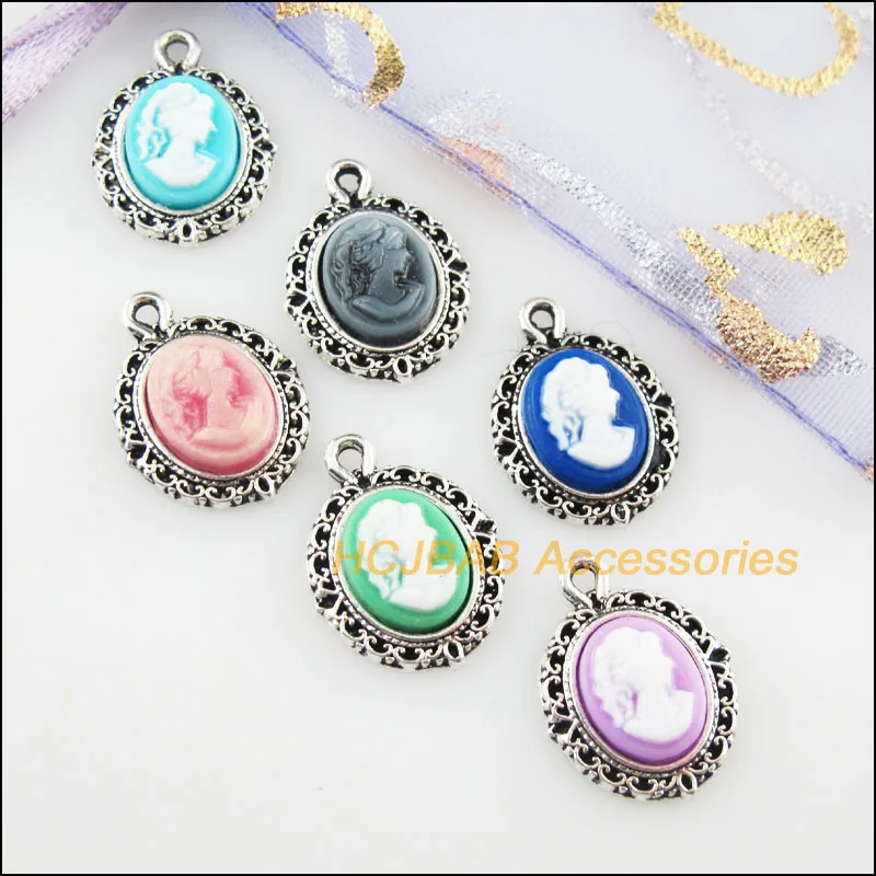 12Pcs Tibetan Silver Color Oval Beauty Mixed Resin Charms Pendants 13.5x18mm