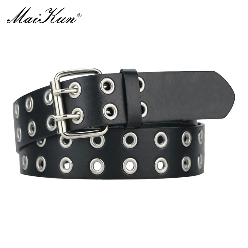 MaiKun Frauen Punk Goth Gürtel Marke Leder Frauen Grunge Gürtel Halloween Doppel Pin Schnalle Weiblichen Gürtel für Jeans Streetwear