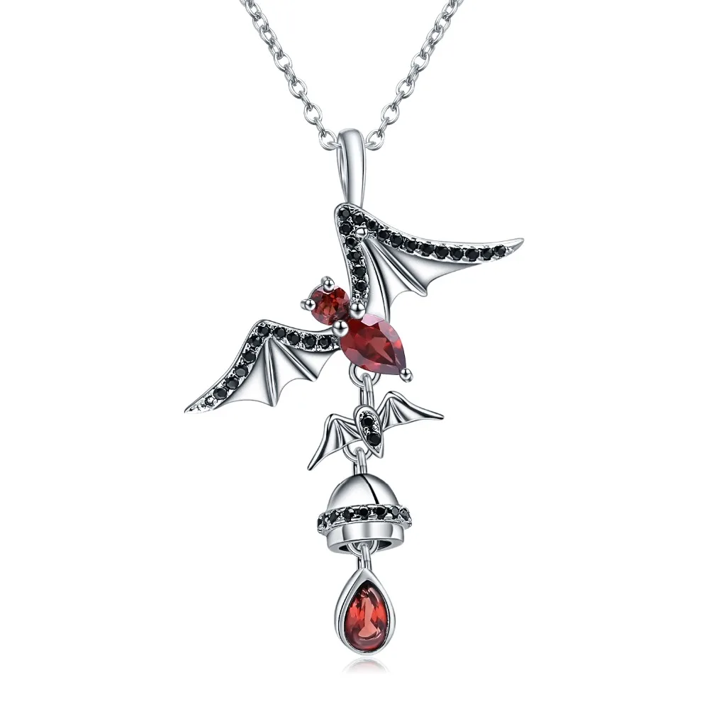 GEM\'S BALLET 925 Sterling Sliver Bat Shape Natural Garnet Gemstone Vintage Gothic Punk Pendant Necklace For Women Party Jewelry