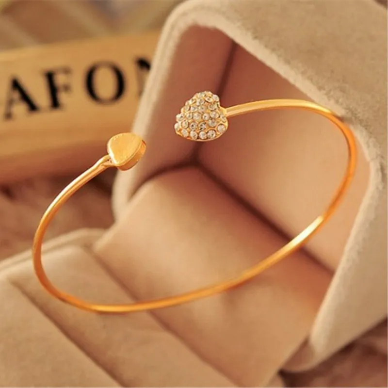 Hot New Fashion Adjustable Crystal Double Heart Bow Bilezik Cuff Opening Bracelet Women Jewelry Gift Girl Mujer Pulseras