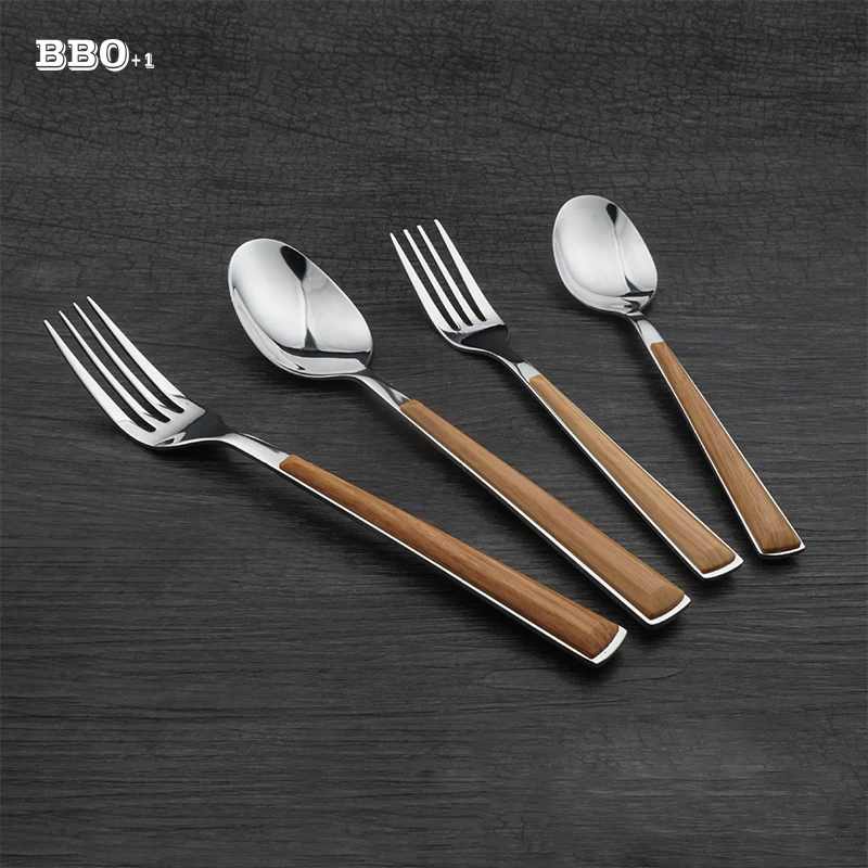 4pcs Stainless steel Teaspoon fork imitation wood handle Dinnerspoon long handle household children Dessertspoon fork Set