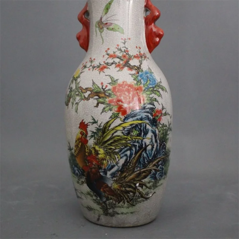 Chinese Old Porcelain Crack Glazed Rooster Painting Binaural Vase