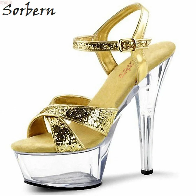 

Sorbern Fashion Glitter Women Sandals 15Cm High Heels Transparent Clear Stilettos Heeled Open Toe Night Club Footwear Sandals