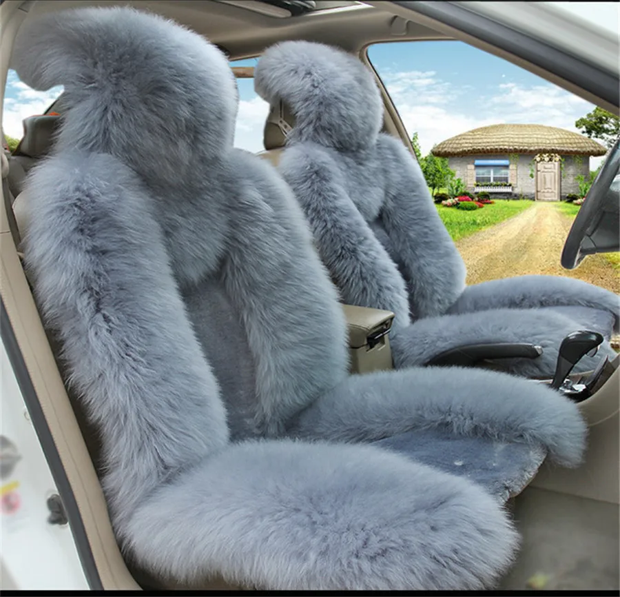 

2x Front Vehicle Seat Cover Natural Fur Sheepskin Blue-Grey Color Car Cushion