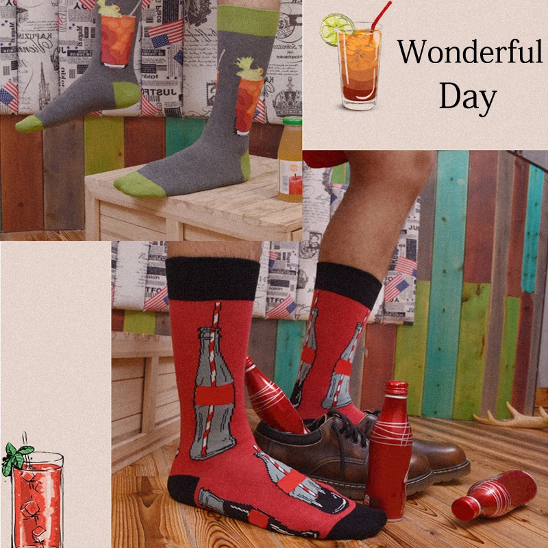 Fashion Harajuku Hip Hop Street Trend Men Combed Cotton Socks Wine Guitar Bike Creative Novelty Pattern Happy Casual Skate Socks