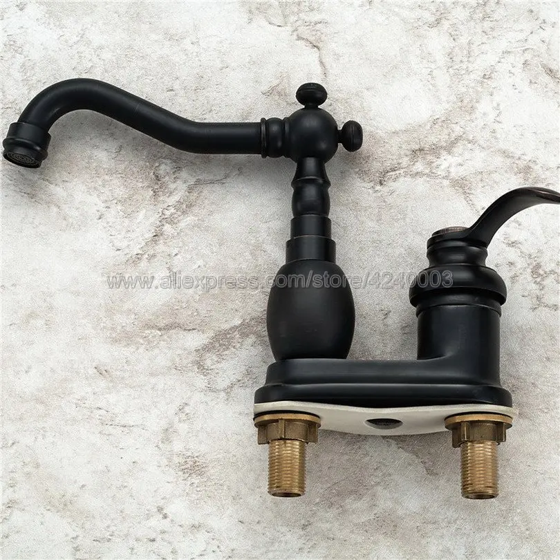 Basin Faucets Black Color Brass Deck Mounted 2 Hole Bathroom Faucets Hot and Cold Water Mixer Tap Knf287