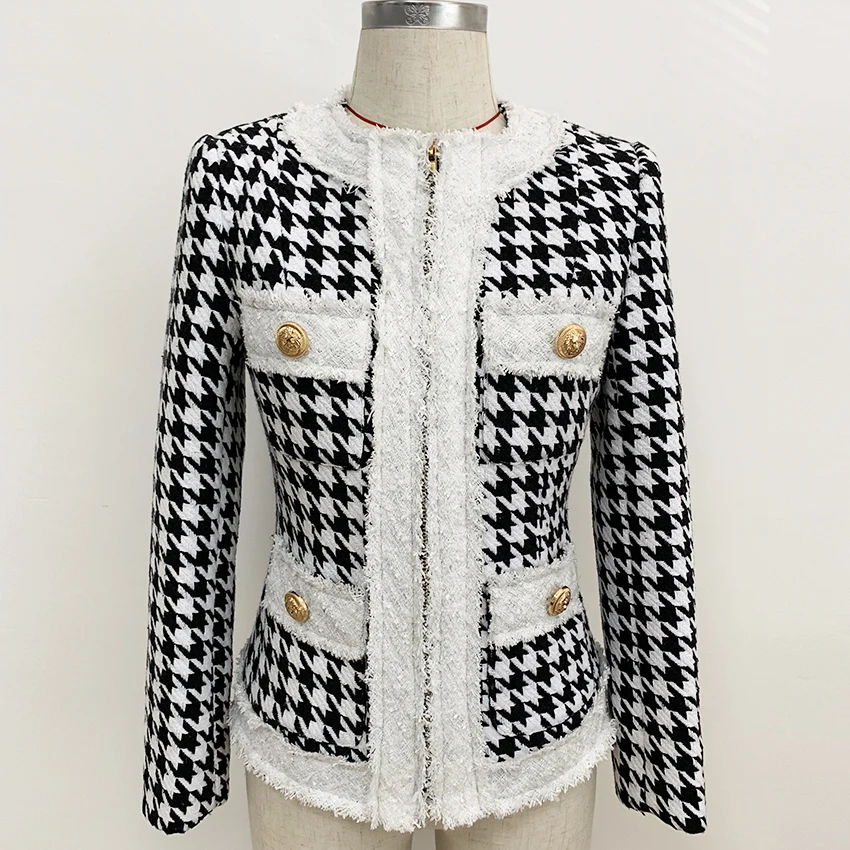 HIGH STREET Newest 2024 Fall Winter Designer Jacket Women\'s Zip Houndstooth Fringed Tweed Jacket Coat