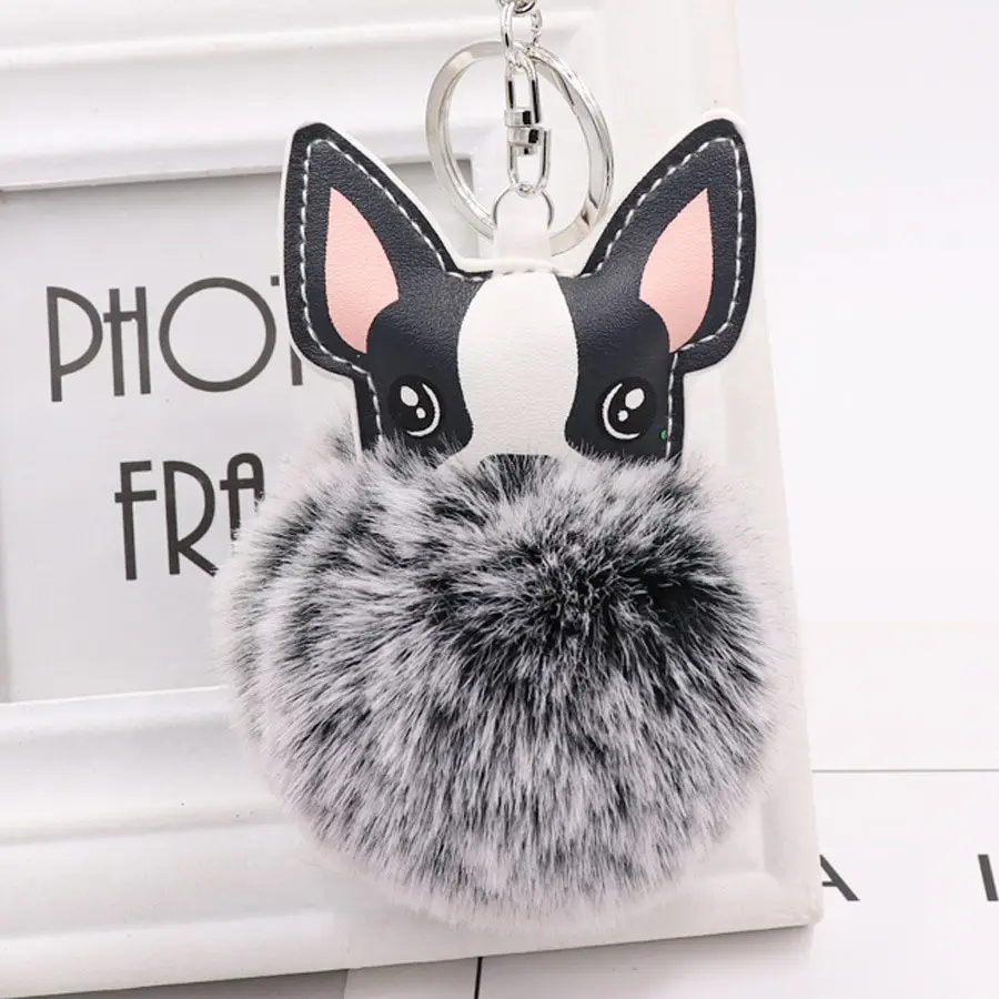 Fluffy Rabbit Fur Ball French Bulldog Keychain Pompom Key Chain Pu Leather Animal Dog Keyring Holder Bag Charm Trinket Chaveiros