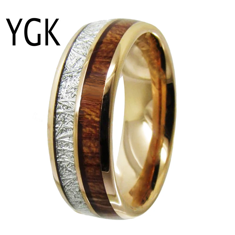 Men\'s Classic Love Jewelry Trendy Wedding Ring For Women Rose Golden Tungsten Ring Meteorite Wood Inlay Engagement Ring