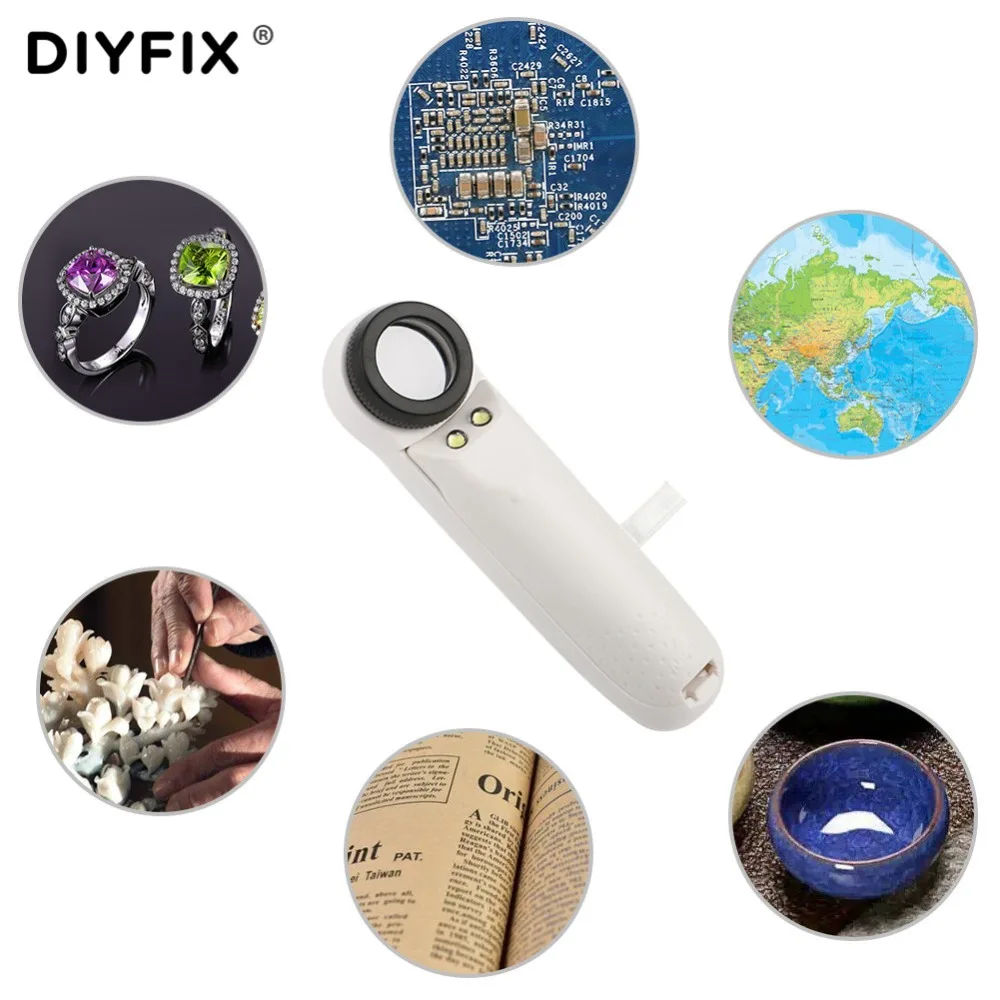 DIYFIX 40X Ottico Lente di Ingrandimento con 2 LED Luce lente di Ingrandimento Palmare Lente di Ingrandimento Loupe di Vetro di Lettura Impugnatura Ergonomica (Batterie non incluse)