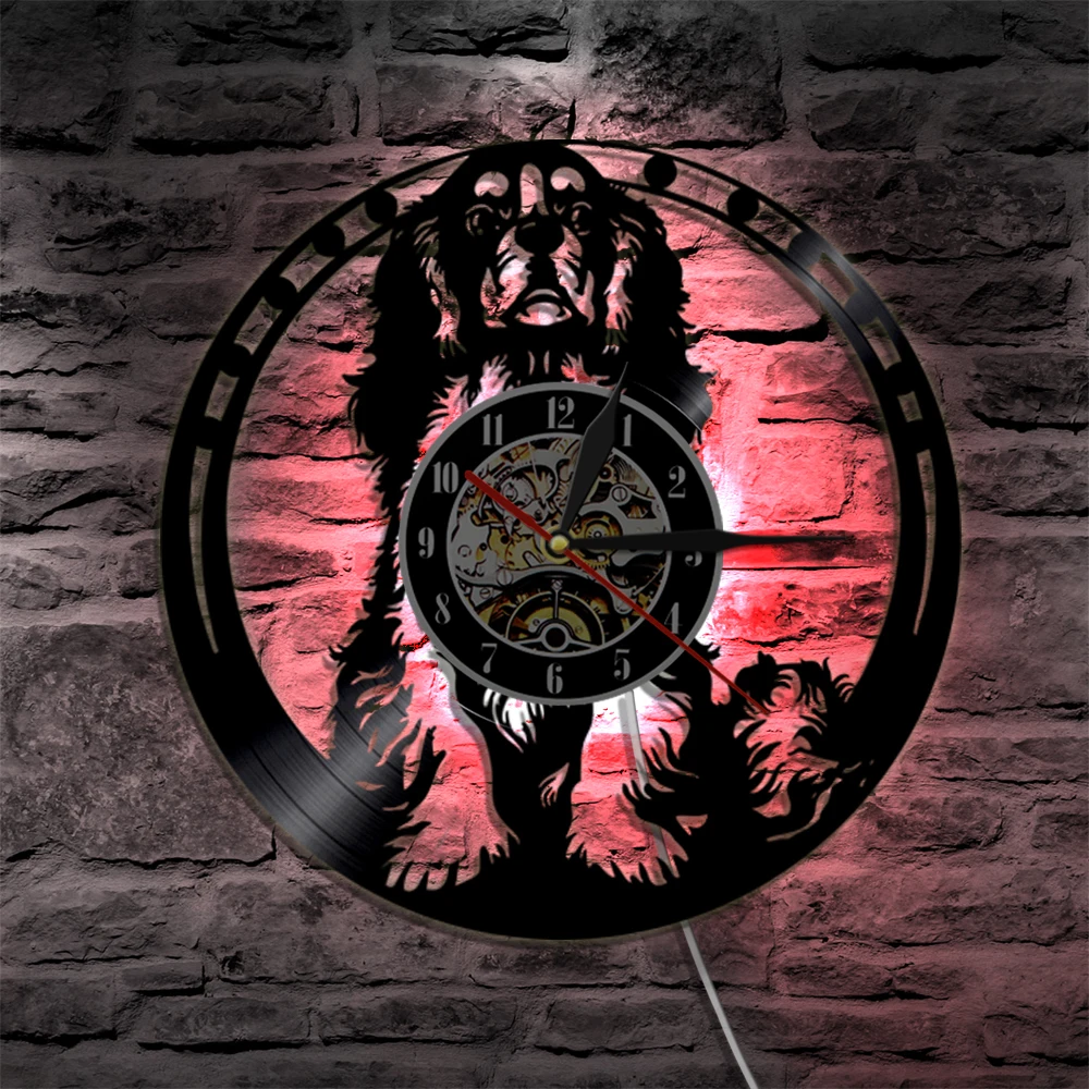 Cavalier King Charles Spaniel Dog Vinyl Record Wall Clock With LED Backlight Pet Puppy Wall Hanging Decor Modern Light