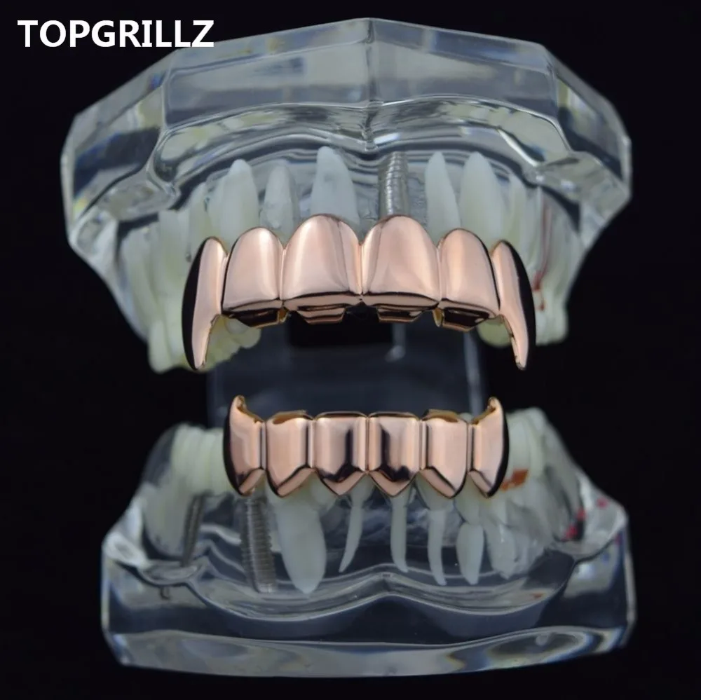 TOPGRILLZ Gold Silver Plated HIP HOP Teeth Grillz Top & Bottom Grills Set With silicone Real Shiny Vampire Tooth Sets