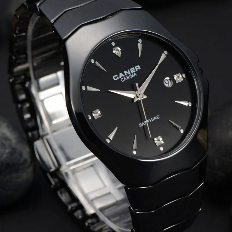 Fashion Casual Lover\'s Watch Ceramic Black Quartz Movement Watch With Rhinestone Calendar Display Waterproof Couple Watches 6705