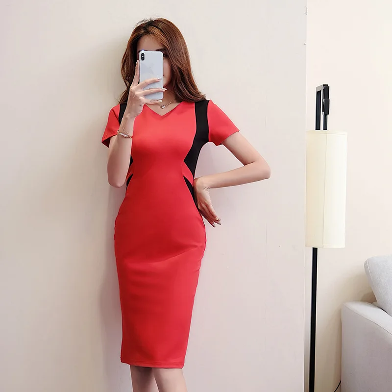 

Bodycon Pencil Office Dresses Summer 2019 Women Short Sleeve V Neck Elegant Dresses Patchwork Vintage Bandage Sexy Party Dress