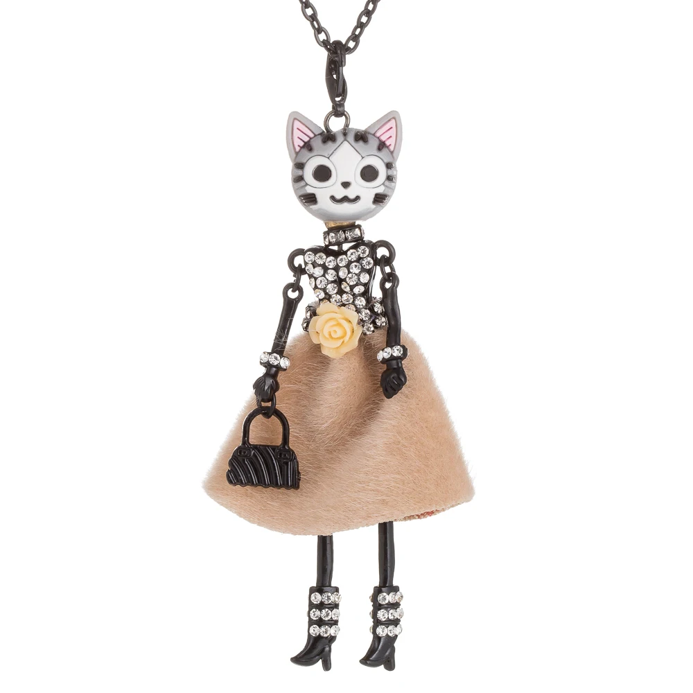 Lovely Flower Dress Cat Head Doll Pendant Necklace Rhinestone Princess Doll Long Chain Choker Necklace For Women Fashion Jewelry