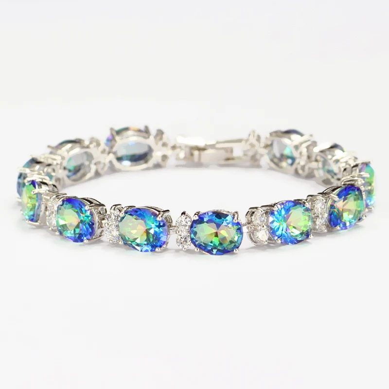 CWWZircons Brand Beautiful Round Oval Mystical Blue Rainbow Color Big Crystal Stone Bracelet Best Jewelry Gift for Women CB030