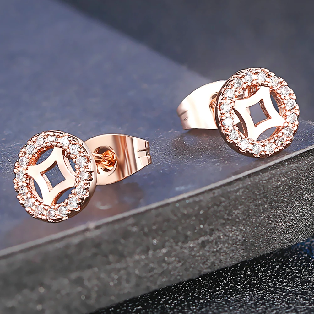 ZHOUYANG Stud Earrings For Women Elegant Hollow Out Cubic Zirconia Rose Gold Color Party Birthday Gift Fashion Jewelry E198