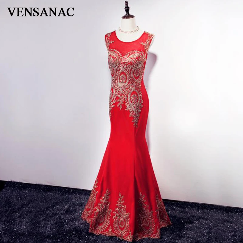 

VENSANAC O Neck 2018 Gold Lace Embroidery Mermaid Long Evening Dresses Vintage Party Sleeveless Crystal Prom Gowns