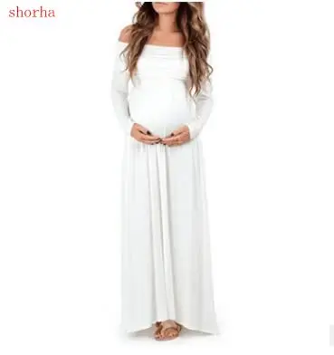 

Maternity Dress For Photo Shooting Boat Neck white Dress Maternty Photography Props long Sleeve Stretch Cotton Pregnant Dress