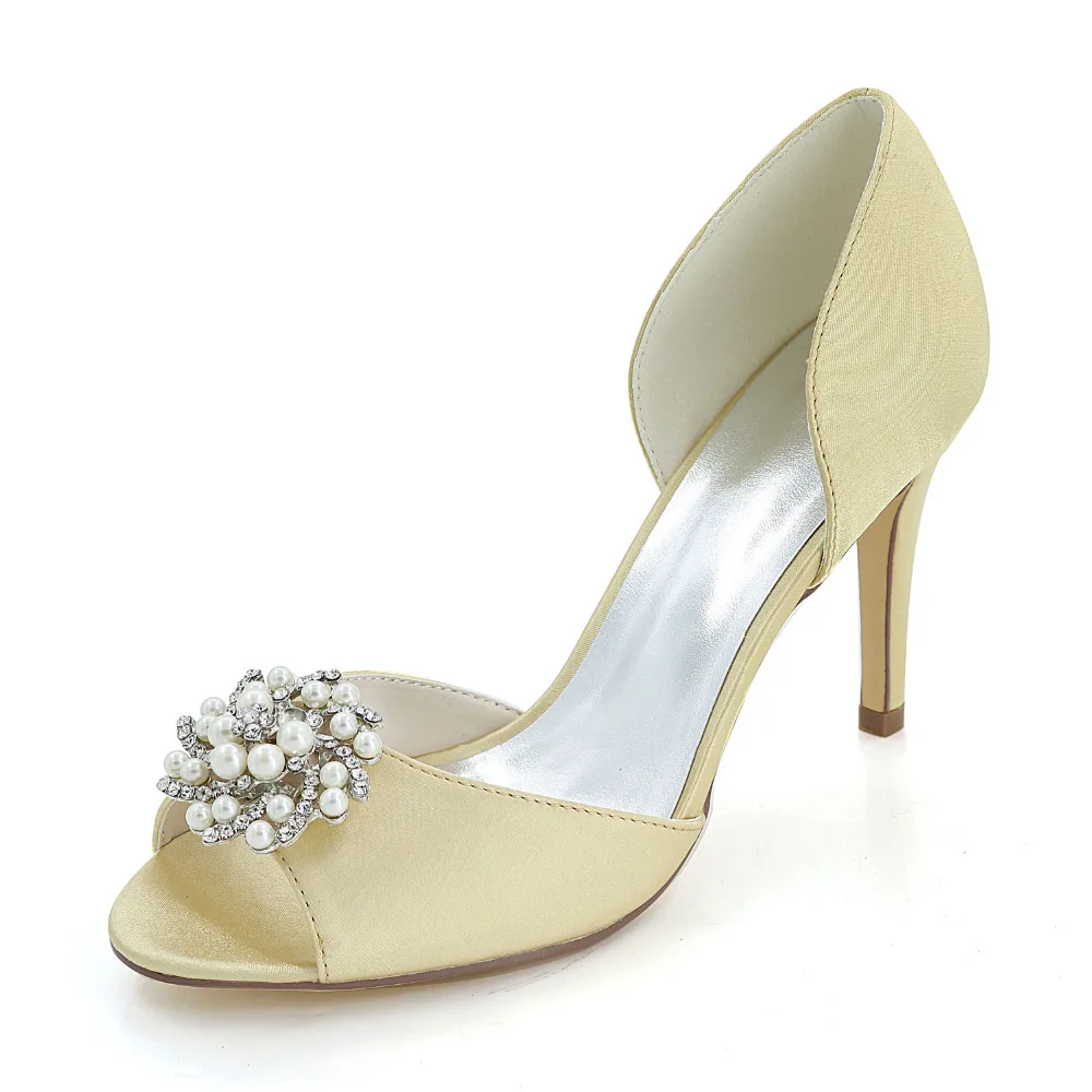 Creativesugar satin D'orsay pearl rhinestone charm open toe woman shoes bridal wedding party elegant dress separate pumps heels