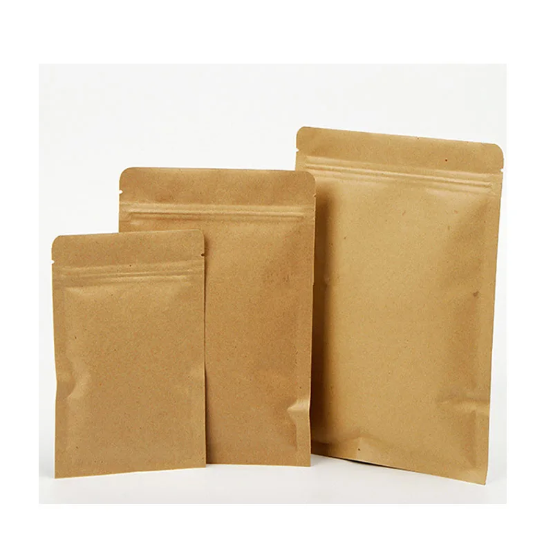 100pcs 280micron Flat Kraft Paper Zip Lock Gift Packagin Bag Candy Powder Nuts Grain Ziplock Rice Bag Paper Gift Window Bags