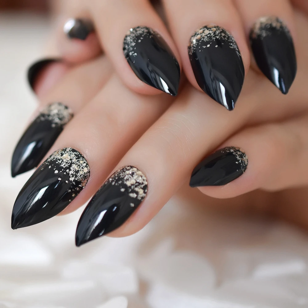 Purpurina Stiletto uñas negro puro medio uñas plata polvo decoración uñas acrílico pre-diseñado punta más afilada