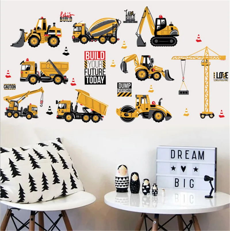 Pegatina de pared de vehículo de construcción de dibujos animados, excavadora de grúa, calcomanías de decoración de dormitorio para niños
