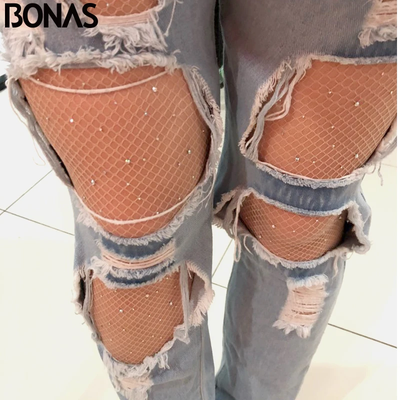 BONAS Hot Women\'s Long Fishnet Body Stockings Sexy Diamond Nylon Hollow Stockings Lingerie Skin Mesh Tight High Waist Hosiery