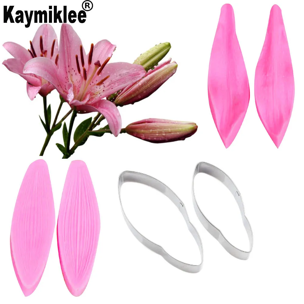 Lily Flower and Bud Petal Veiner&Cutter Flower Silicone Molds Stainless Steel Cutter Fondant Petal Clay Resin Moulds Cake  CS164