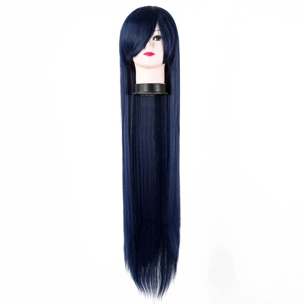 Peruca sintética azul escura longa, resistente ao calor, cabelo liso, fantasia de Carnaval Halloween, Cosplay Hairpiece, Fei-Show, 100cm, 40"