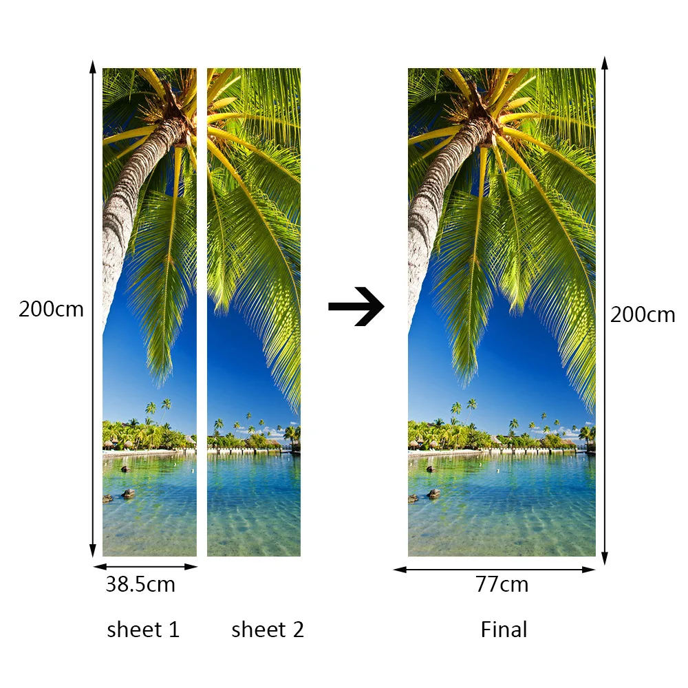 Blauwe Hemel Palm Tree Deur Stickers Slaapkamer Decoratie Zelfklevende Pvc Diy Renovatie Decal Elegant Landschap Deur Muurschilderingen Behang