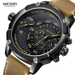 MEGIR – montre à Quartz avec chronographe à Double fuseau horaire pour homme, étanche et lumineuse, bracelet en cuir, sport de l'armée, 2093G-BK