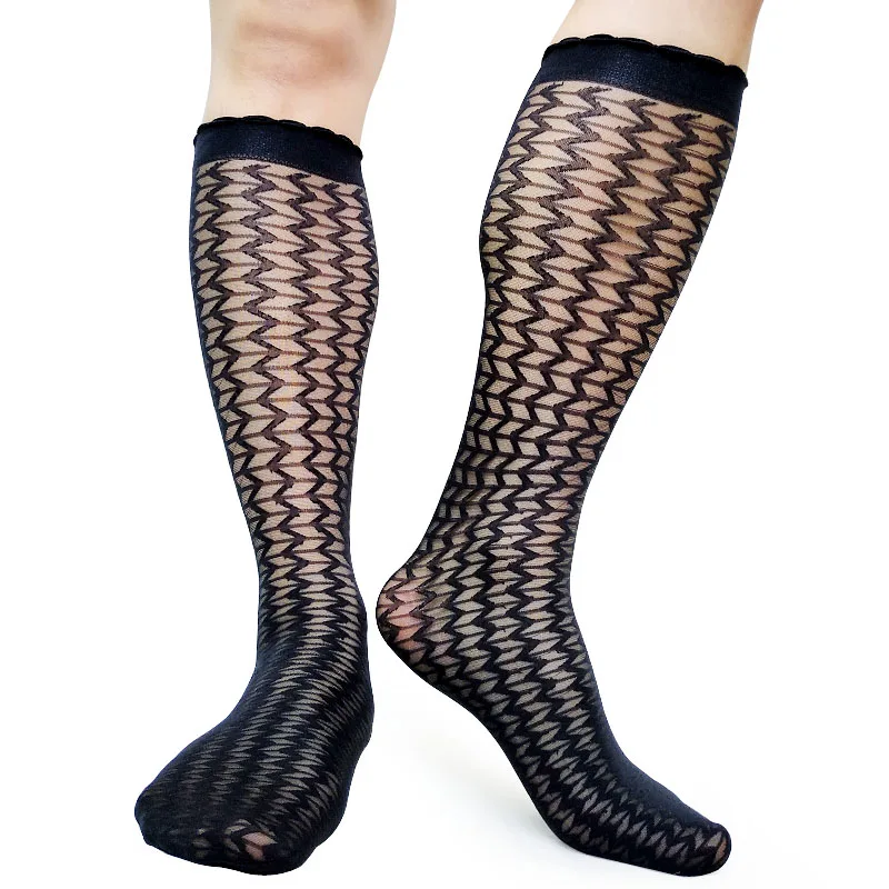 Męskie skarpetki do kolan z wysokim jedwabiem Wave Striped Sheer Thin Sexy Male Long Socks High Stretch Man Formal Dress Business Socks Stockings