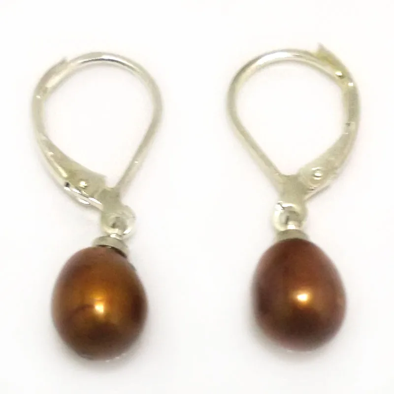 Wholesale 7-8mm Coffee Natural Rainrdrop Pearl Silver Leverback Earring