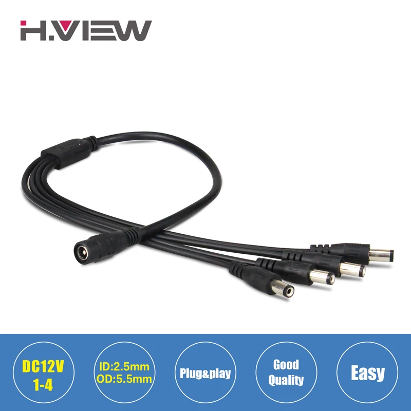 H.View 1 to 4 DC Power Splitter Cable 1 Female to 4 Output Male for CCTV Camera 5.5mm / 2.1mm Surveillance System Accessories