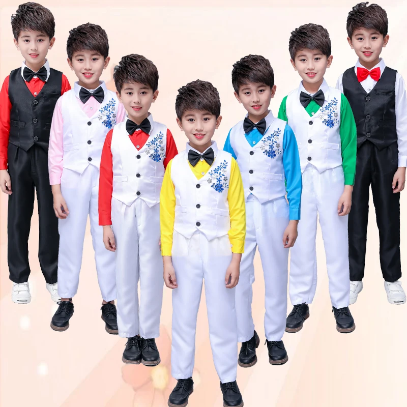 

Jazz Dance Costumes Boys Suit Long Sleeve Candy Color Shirt White Vest Pants Kids Hip Hop Clothing Child Stage Wear DNV11596