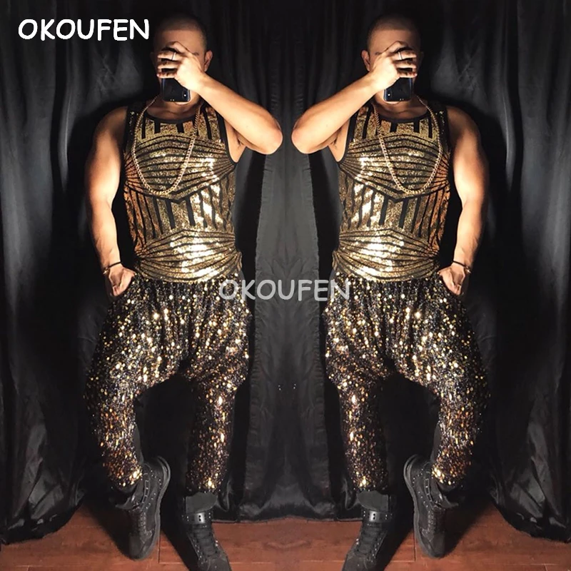 

Men's Slim Sequined Gold Vest Harem pants Costume Bar nightclub hipster male dance singer male stage show costume