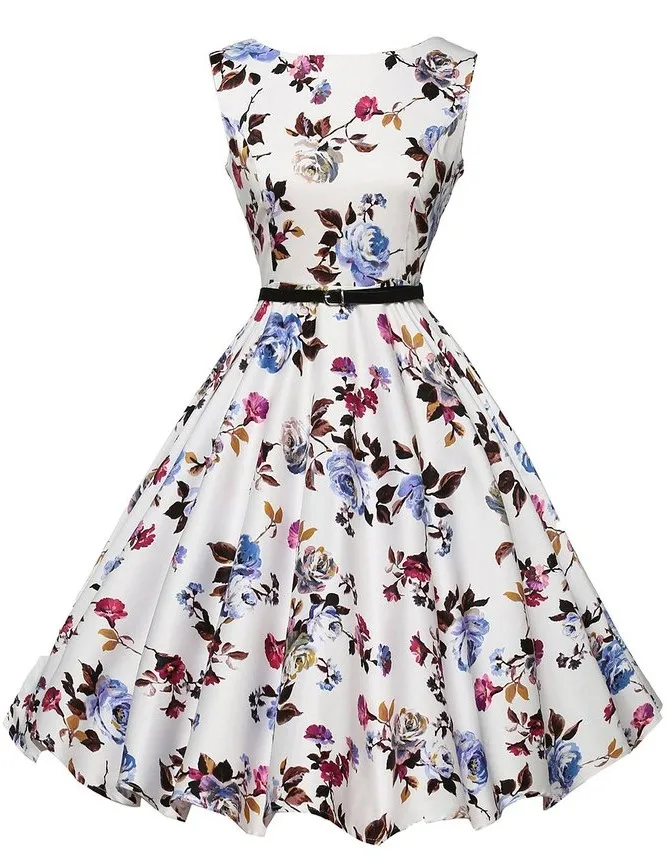 Robe rétro Audrey Hepburn pour femmes, col rond, vintage, imprimé floral, robes de soirée, grande taille 3XL, été, 2019