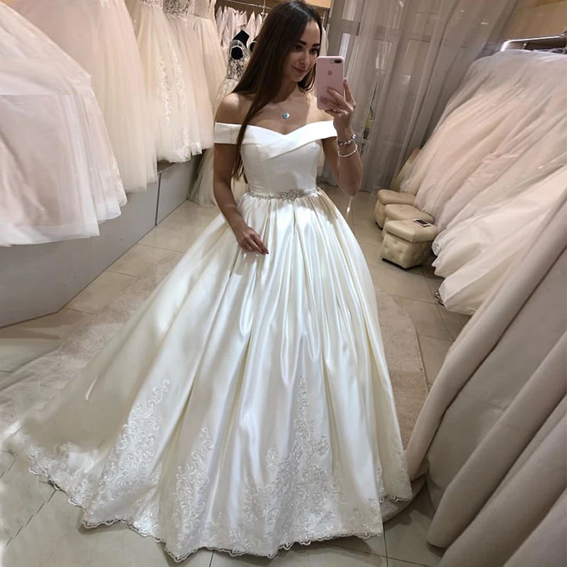 Prinses Baljurk Trouwjurk Off Shoulder Wit Ivoor Robe De Maria 2019 Kralen Belt Applicaties Vestido De Noiva Sweep trein