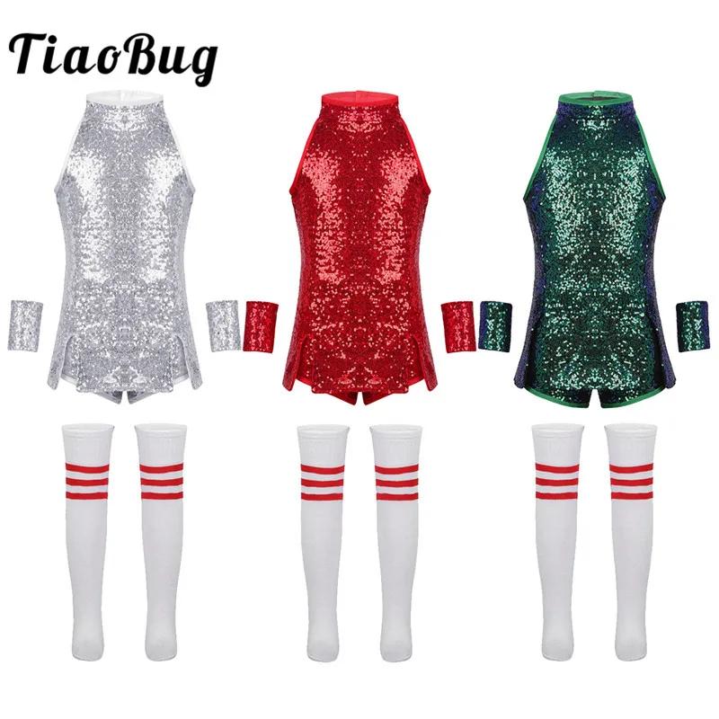 Child Girls Hip-hop Jazz Stage Dance Costume Sequins Cheerleading Clothing Set Tank Top&Shorts&Socks Outfits Dance Wear