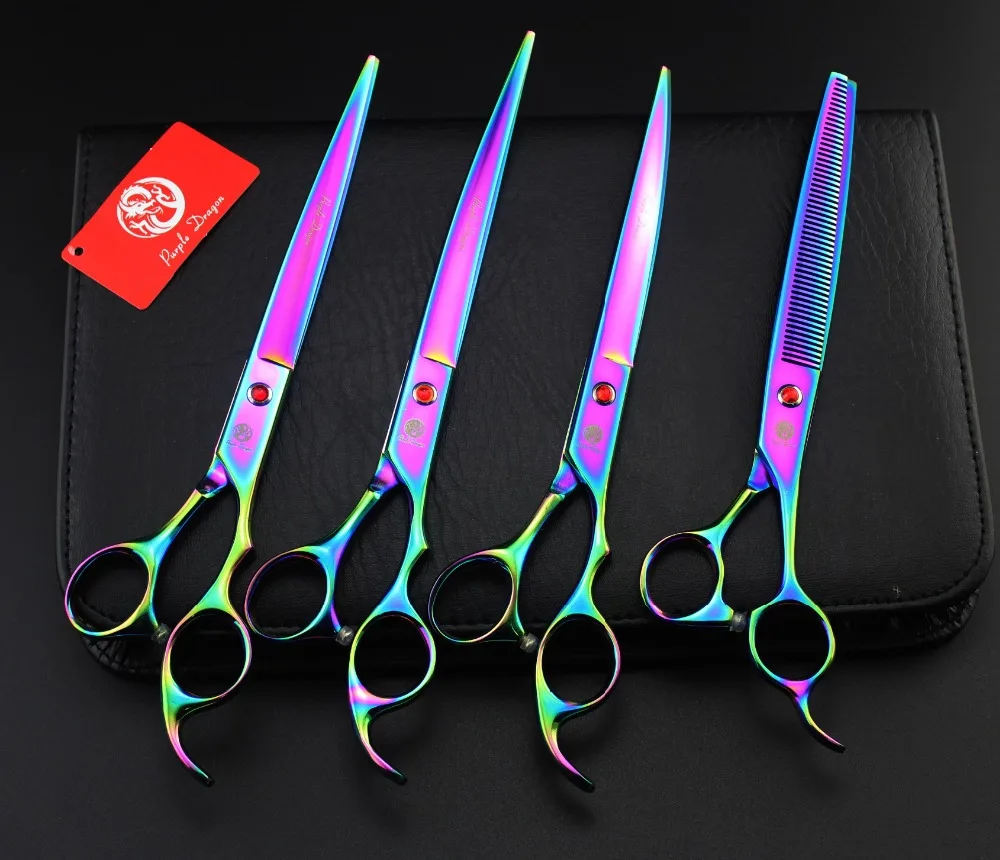 4Pcs Suit  690# 8'' 22cm Hairdressing Scissor JP 440C Bent Up/Down Dogs Cats Pets Cutting Scissors Thinning Shears Hair Scissors