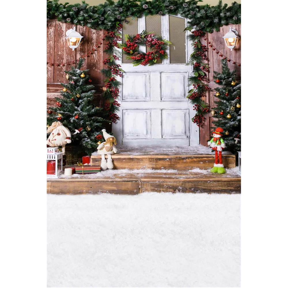 

White Door Garland Christmas Backdrops for Photography Printed Lanterns Pine Trees Toys Baby Kids Xmas Party Photo Backgrounds