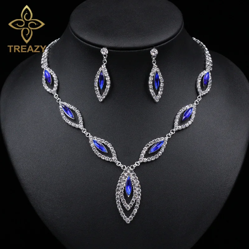 TREAZY Clear/Royal Blue Crystal Bridal Jewelry Sets Leaf Design Elegant Choker Necklace Earrings Set for Women Wedding Jewelry