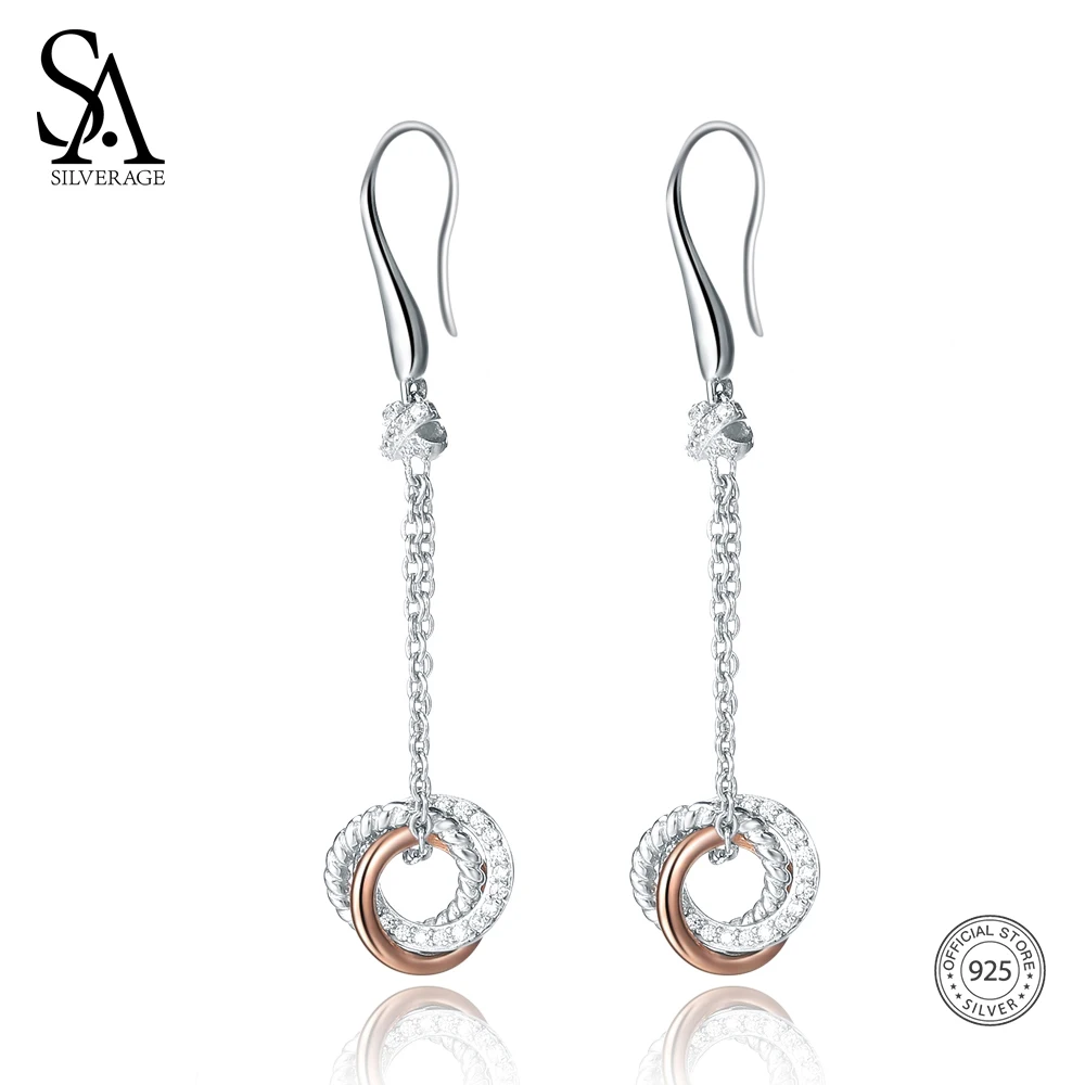 

SA SILVERAGE 925 Sterling Silver Drop Earrings Long Silver 925 Earrings Women Brincos for Women Fine Jewelry Rose Gold Color New